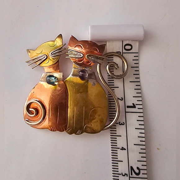 Chico's Cat Pin Brooch 2 Cats With Beaded Collar Hand Crafted Gold Silver Copper - Picture 8 of 8